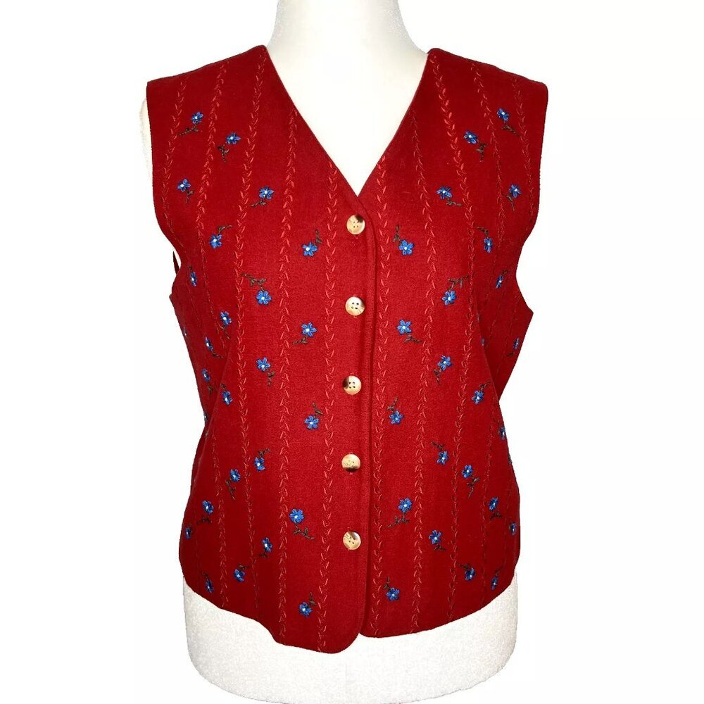 Talbots‎ Vtg Sweater Vest Red Cotton Flannel Floral Embroidered Cottage Preppy L